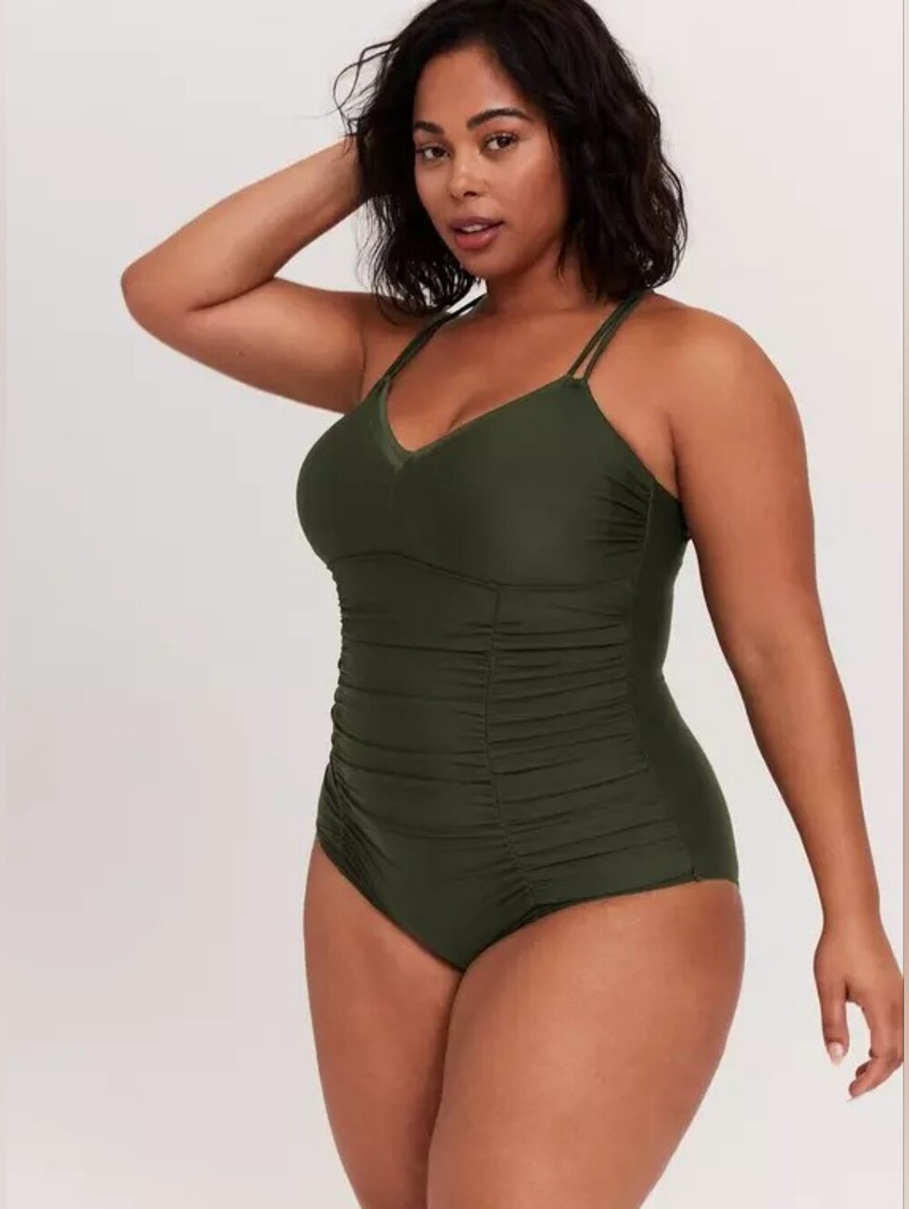 Olive Green Wireless Ruched One-Piece Swimsuit (B5-3)